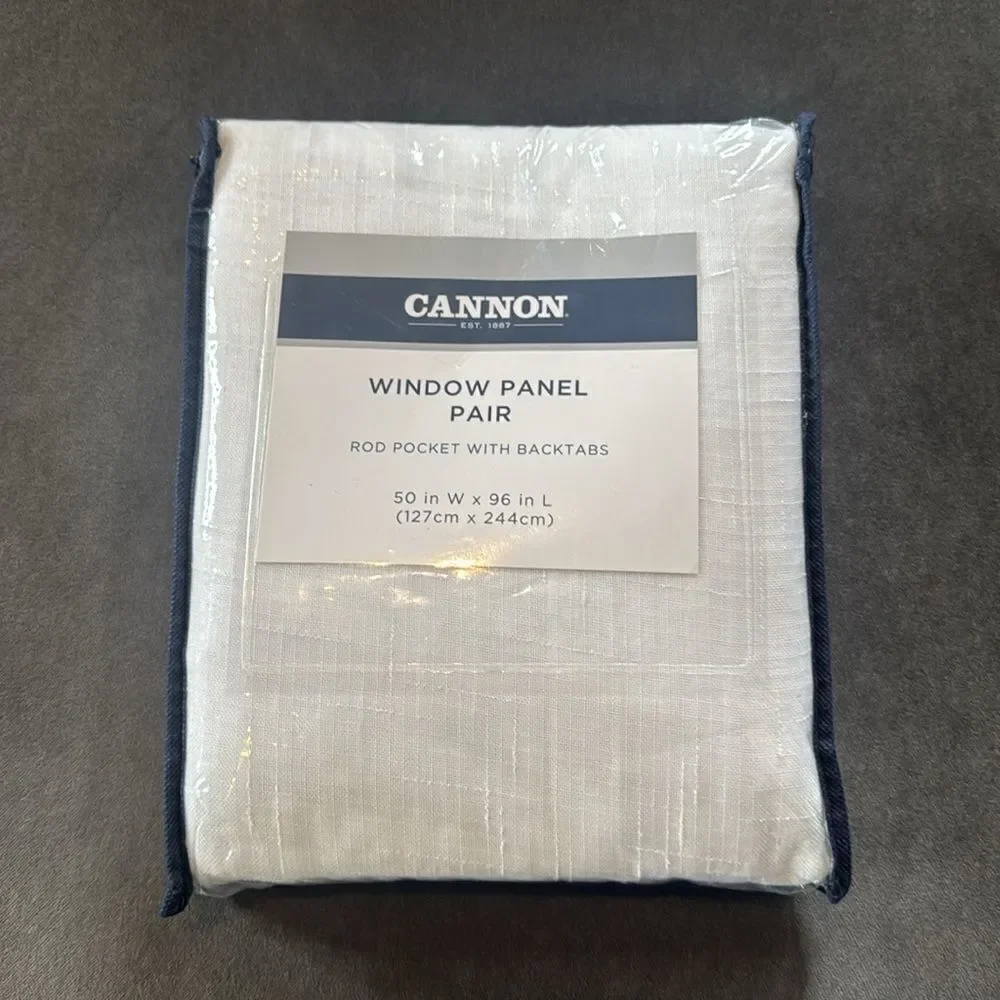 Cannon Curtains White Window Panel Pair Rod Pocket Back Tabs 50”W x 96”L NEW